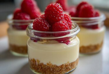 Close-up of a No-Bake Raspberry White Chocolate Cheesecake Jar topped with fresh raspberries.
