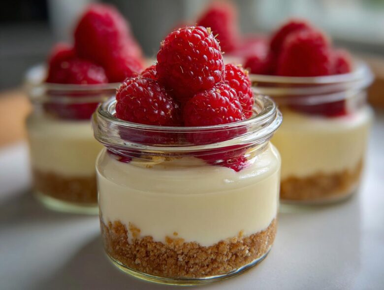 Close-up of a No-Bake Raspberry White Chocolate Cheesecake Jar topped with fresh raspberries.