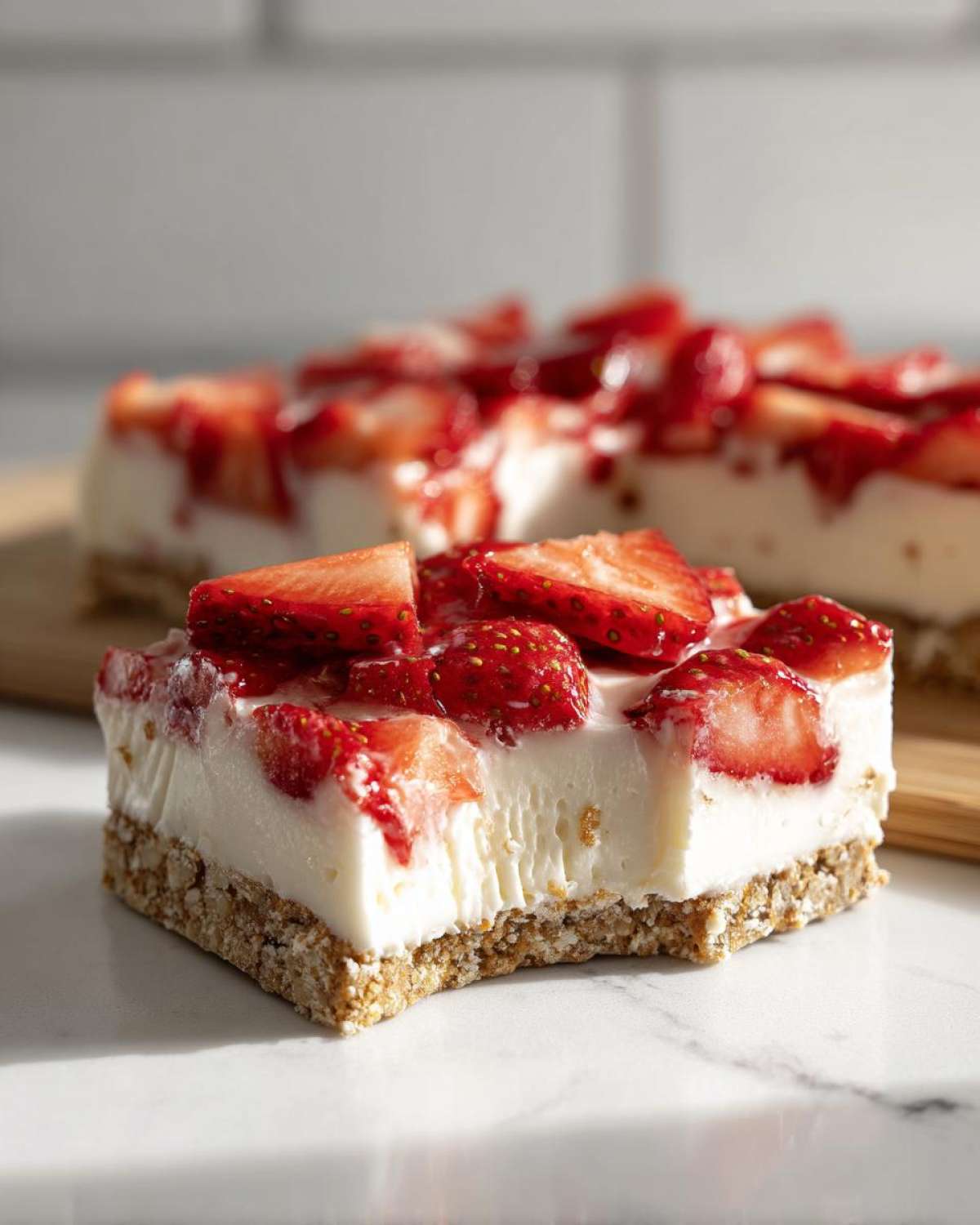 A thick square slice of No-Bake Strawberry Cheesecake Bark with a graham cracker crust and fresh strawberry topping.