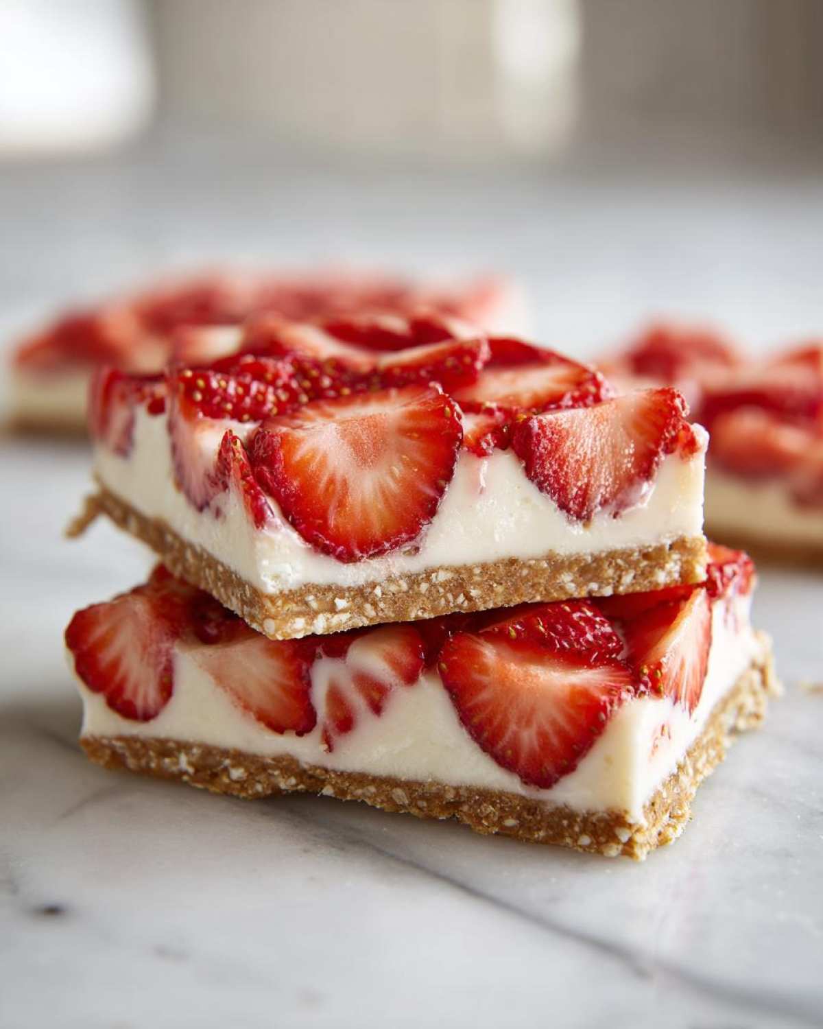 Two stacked slices of No-Bake Strawberry Cheesecake Bark featuring a graham cracker crust and creamy filling topped with fresh strawberries.