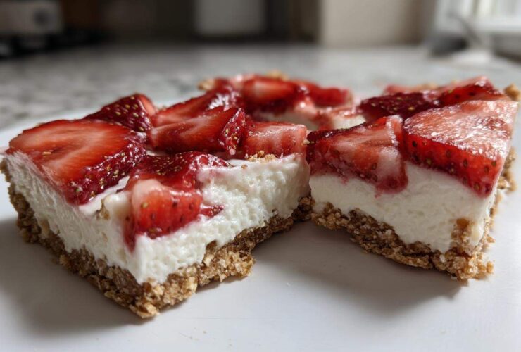 Close-up of two squares of No-Bake Strawberry Cheesecake Bark showing thick creamy filling and fresh strawberry topping on a graham cracker crust.