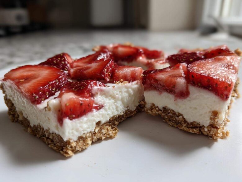 Close-up of two squares of No-Bake Strawberry Cheesecake Bark showing thick creamy filling and fresh strawberry topping on a graham cracker crust.