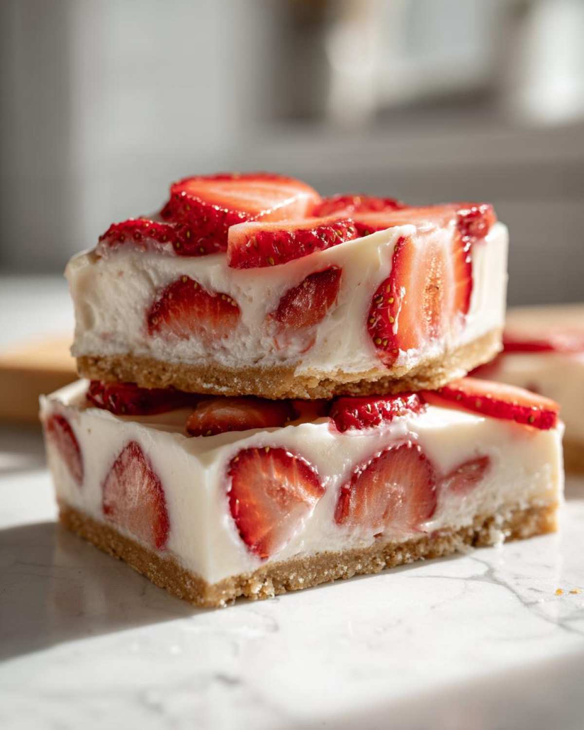 Two stacked squares of No-Bake Strawberry Cheesecake Bark showing a graham cracker crust and creamy filling with fresh strawberry slices.