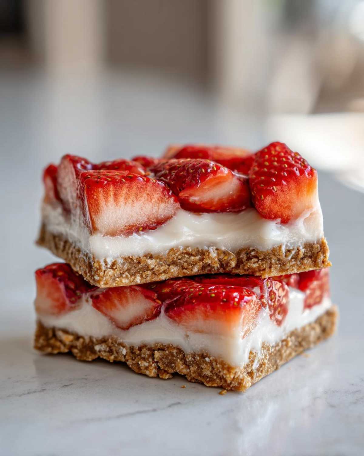 Two stacked squares of No-Bake Strawberry Cheesecake Bark showing a graham cracker crust, creamy filling, and fresh strawberries.