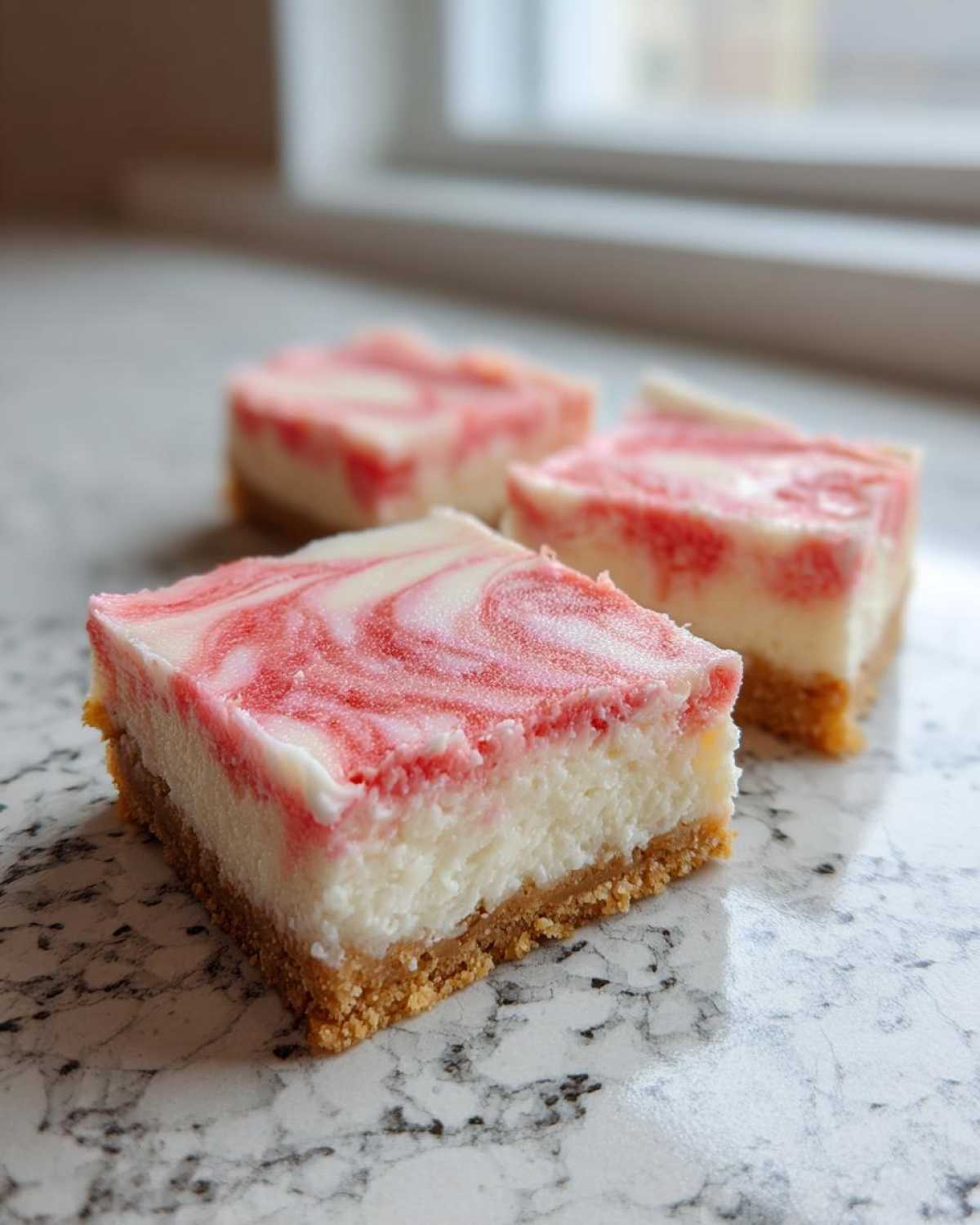 Close-up of No-Bake Strawberry Lemon Cheesecake Bars with a graham cracker crust and pink swirl topping.