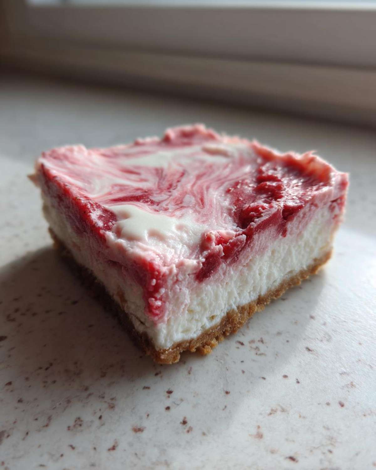 A close-up of a single square of No-Bake Strawberry Lemon Cheesecake Bars with a graham cracker crust.
