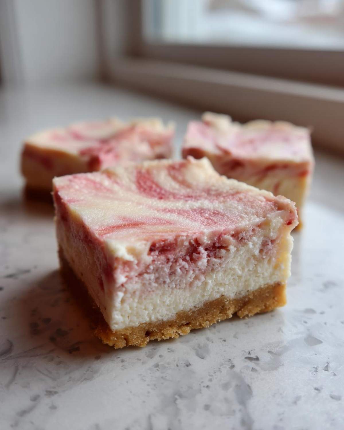 Close-up of a square No-Bake Strawberry Lemon Cheesecake Bars piece showing a graham cracker crust and swirled filling.