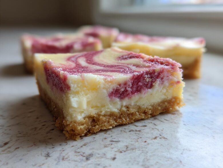 A close-up of a square No-Bake Strawberry Lemon Cheesecake Bars showing a graham cracker crust and a swirled berry topping.