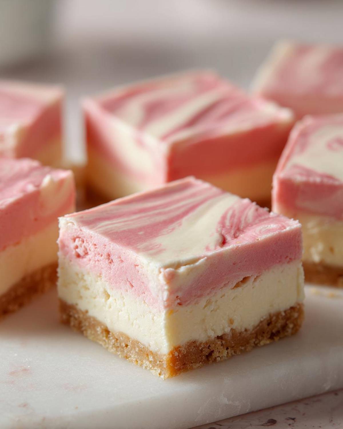 Close-up of a square No-Bake Strawberry Lemon Cheesecake Bars with a graham cracker crust.
