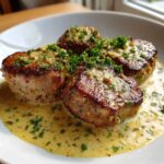 Four seared One-Pan Creamy Garlic Butter Pork Tenderloin Medallions served in a rich sauce and topped with fresh parsley.