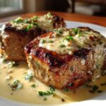 Two seared pork tenderloin medallions smothered in creamy garlic butter sauce, garnished with parsley.