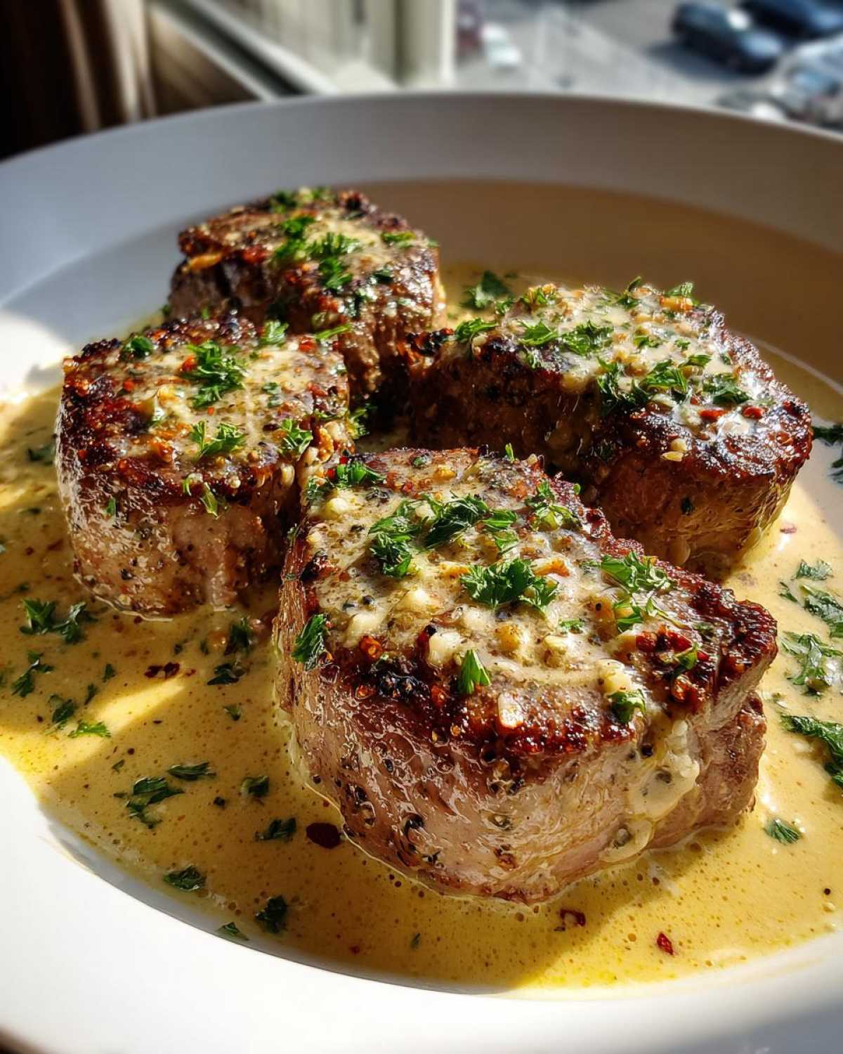 Four seared One-Pan Creamy Garlic Butter Pork Tenderloin Medallions covered in sauce and parsley.