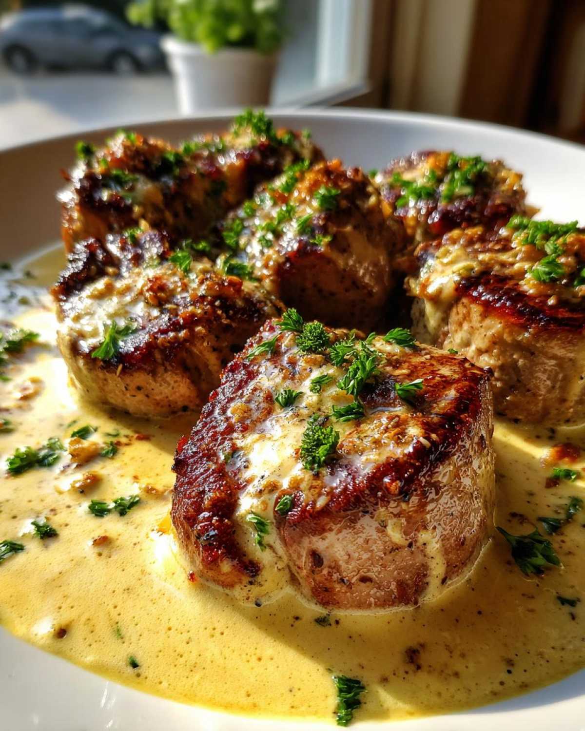 Close-up of seared One-Pan Creamy Garlic Butter Pork Tenderloin Medallions covered in sauce and parsley.