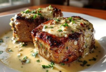 Two seared pork tenderloin medallions smothered in creamy garlic butter sauce, garnished with parsley.