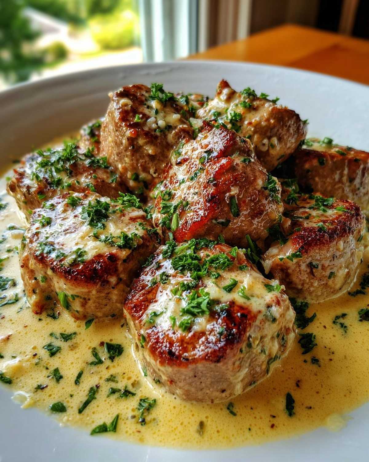 Close-up of seared One-Pan Creamy Garlic Butter Pork Tenderloin Medallions covered in sauce and parsley.