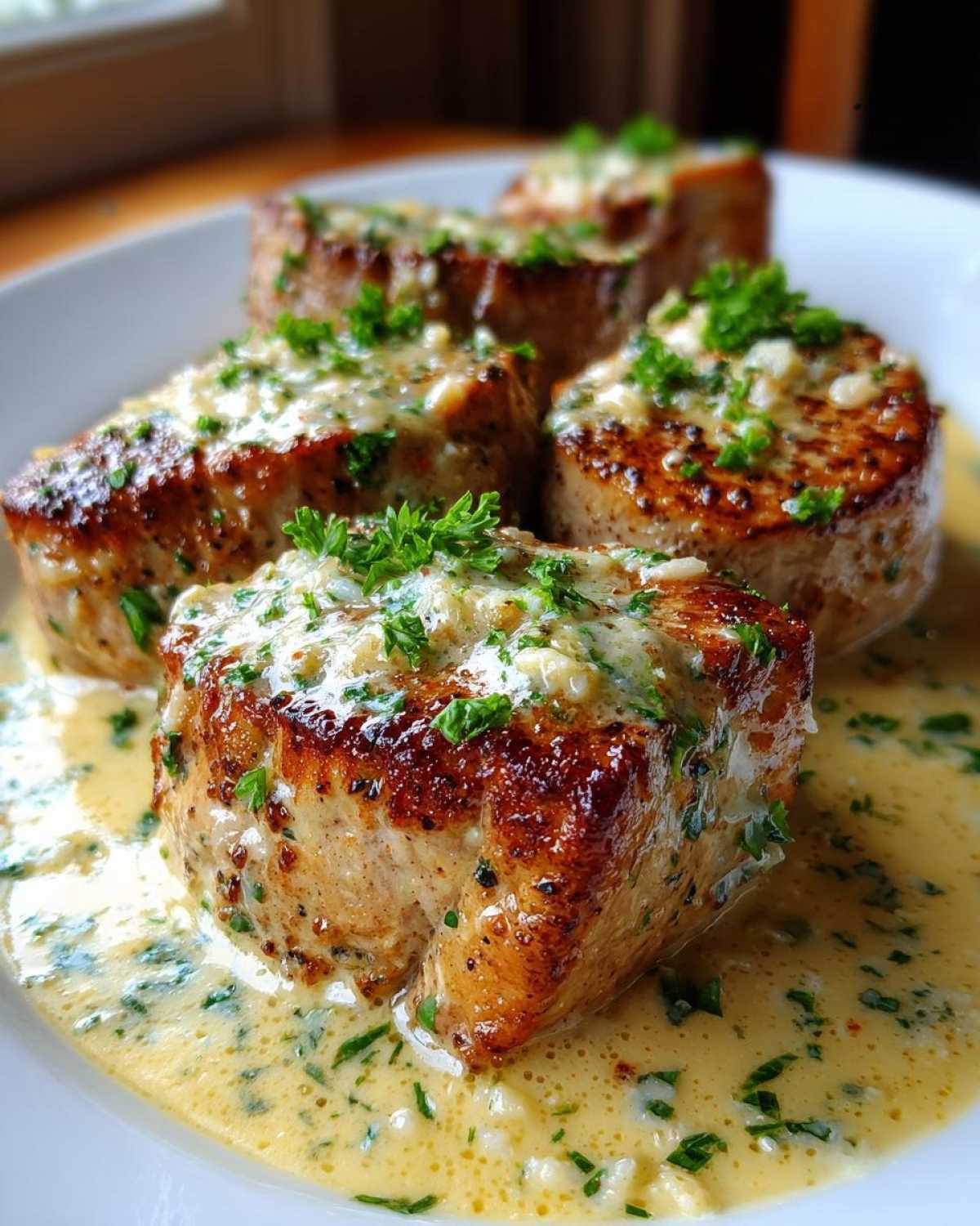 Four seared pork tenderloin medallions covered in creamy garlic butter sauce and fresh parsley.