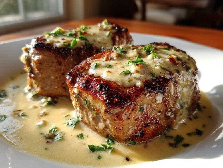 Two seared pork tenderloin medallions smothered in creamy garlic butter sauce, garnished with parsley.