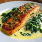 Perfectly seared fillet of One-Pan Creamy Garlic Butter Salmon with Spinach in a rich sauce.
