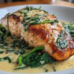 A perfectly seared fillet of One-Pan Creamy Garlic Butter Salmon with Spinach in a rich cream sauce.