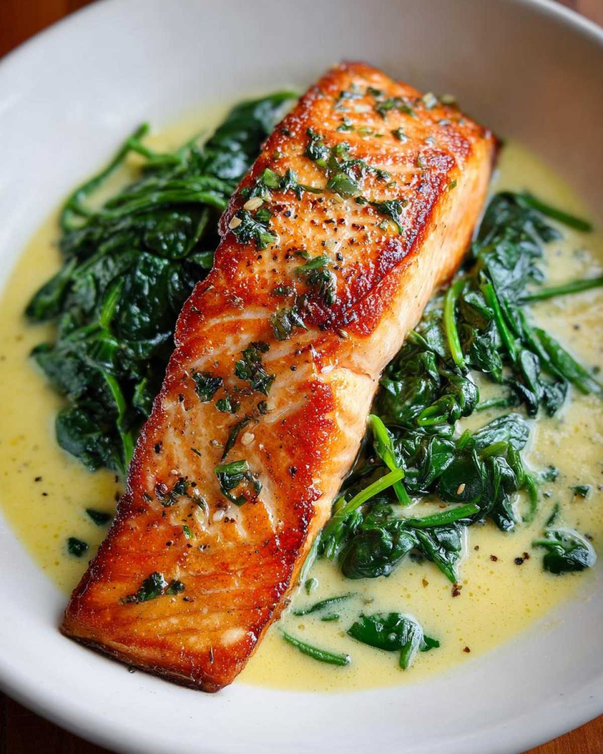 Close-up of perfectly seared One-Pan Creamy Garlic Butter Salmon with Spinach in a rich sauce.