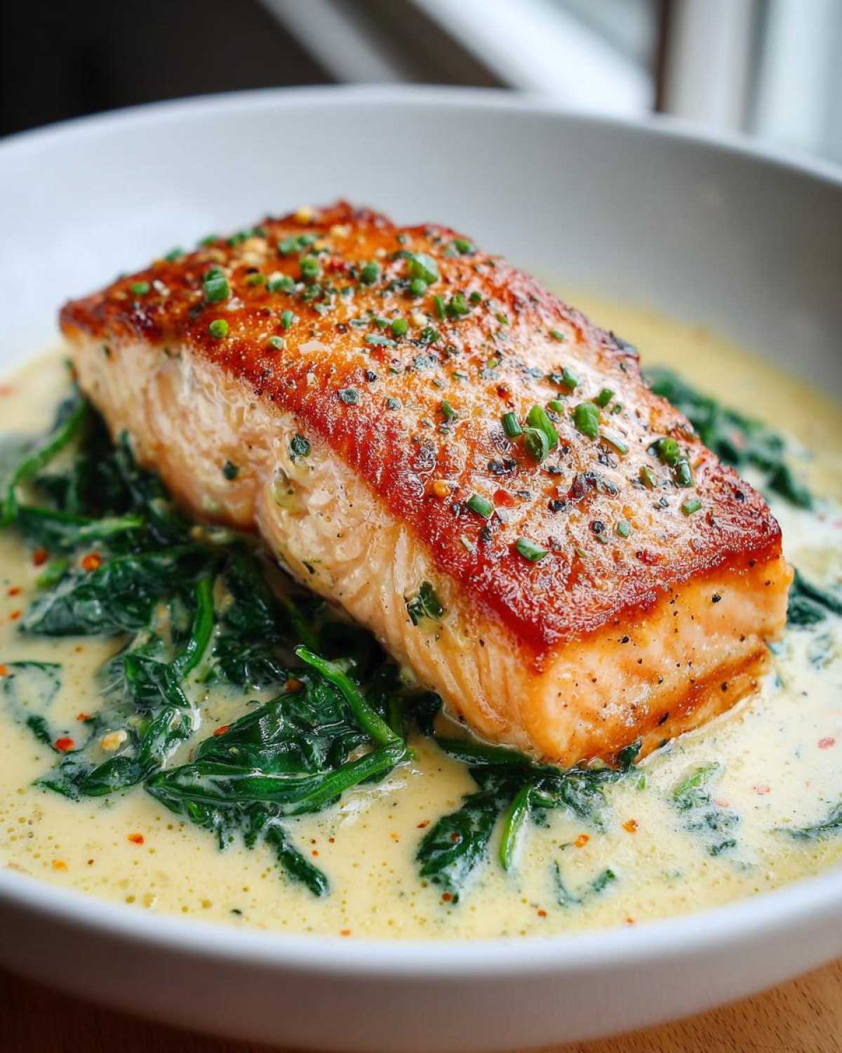 A perfectly seared fillet of One-Pan Creamy Garlic Butter Salmon with Spinach resting on wilted spinach in a rich garlic cream sauce.