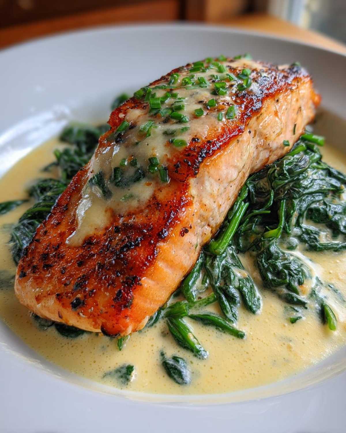 A perfectly cooked fillet of One-Pan Creamy Garlic Butter Salmon with Spinach, topped with sauce and chives.