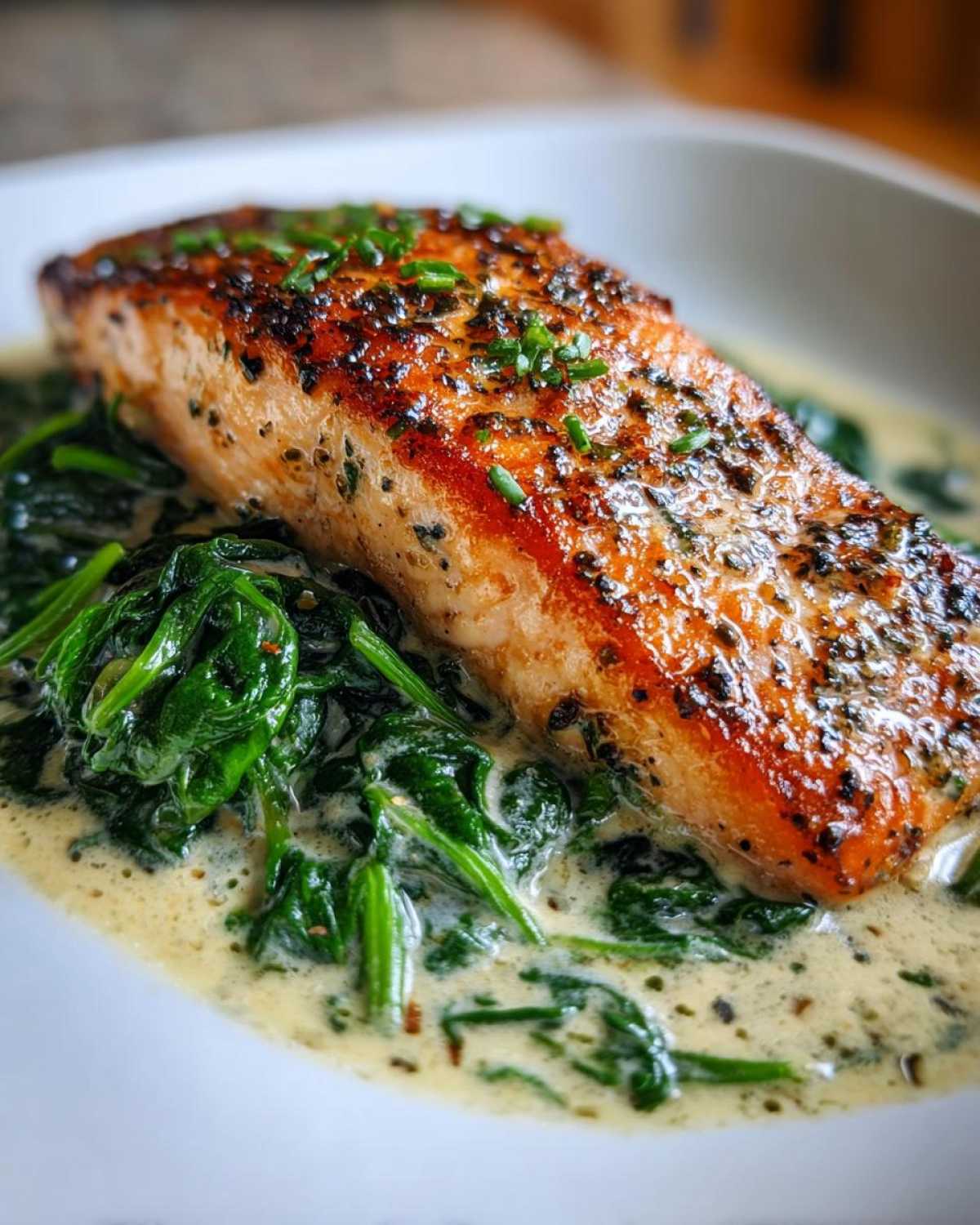 Close-up of a perfectly seared fillet of One-Pan Creamy Garlic Butter Salmon with Spinach in a rich sauce.
