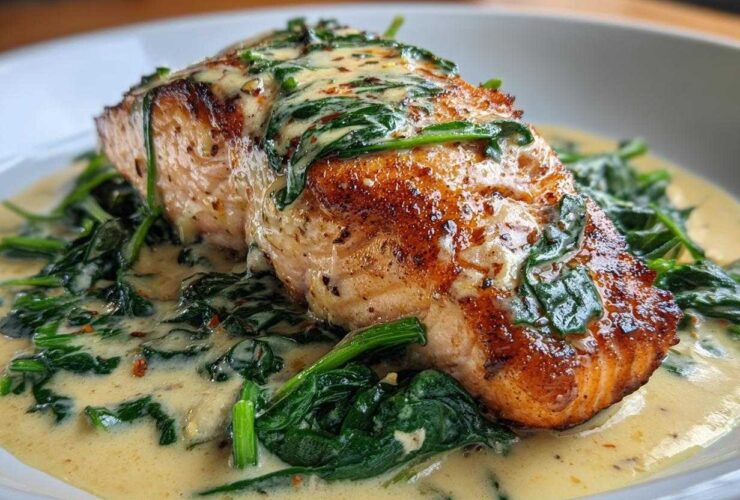 A perfectly seared fillet of One-Pan Creamy Garlic Butter Salmon with Spinach in a rich cream sauce.