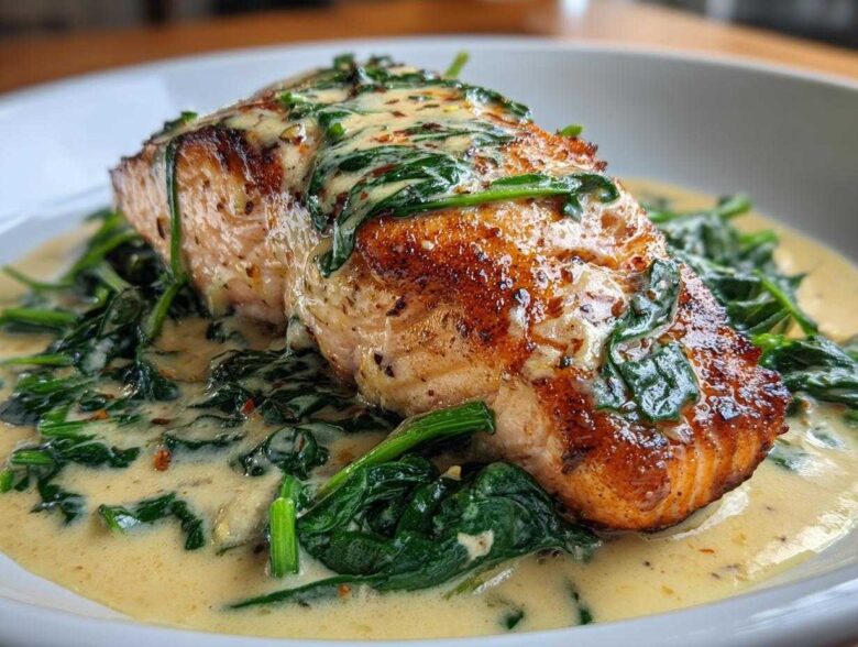 A perfectly seared fillet of One-Pan Creamy Garlic Butter Salmon with Spinach in a rich cream sauce.