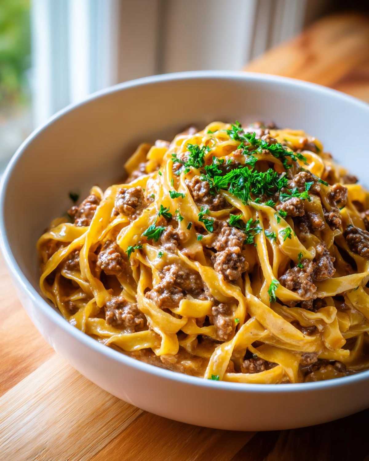 A close-up of rich One-Pot Creamy Garlic Butter Beef and Noodles topped with fresh parsley in a white bowl.