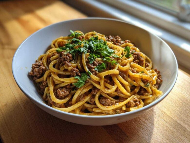 A bowl of One-Pot Creamy Garlic Butter Beef and Noodles topped with fresh parsley.