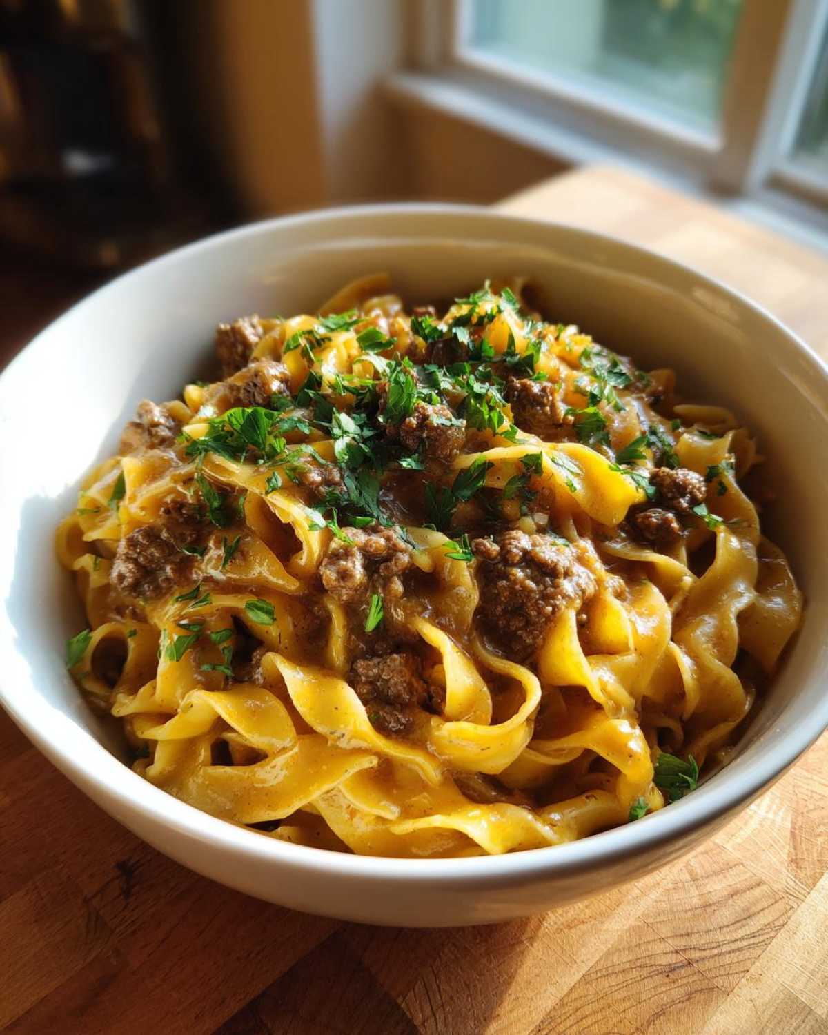 A white bowl filled with One-Pot Creamy Garlic Butter Beef and Noodles, topped with fresh parsley.