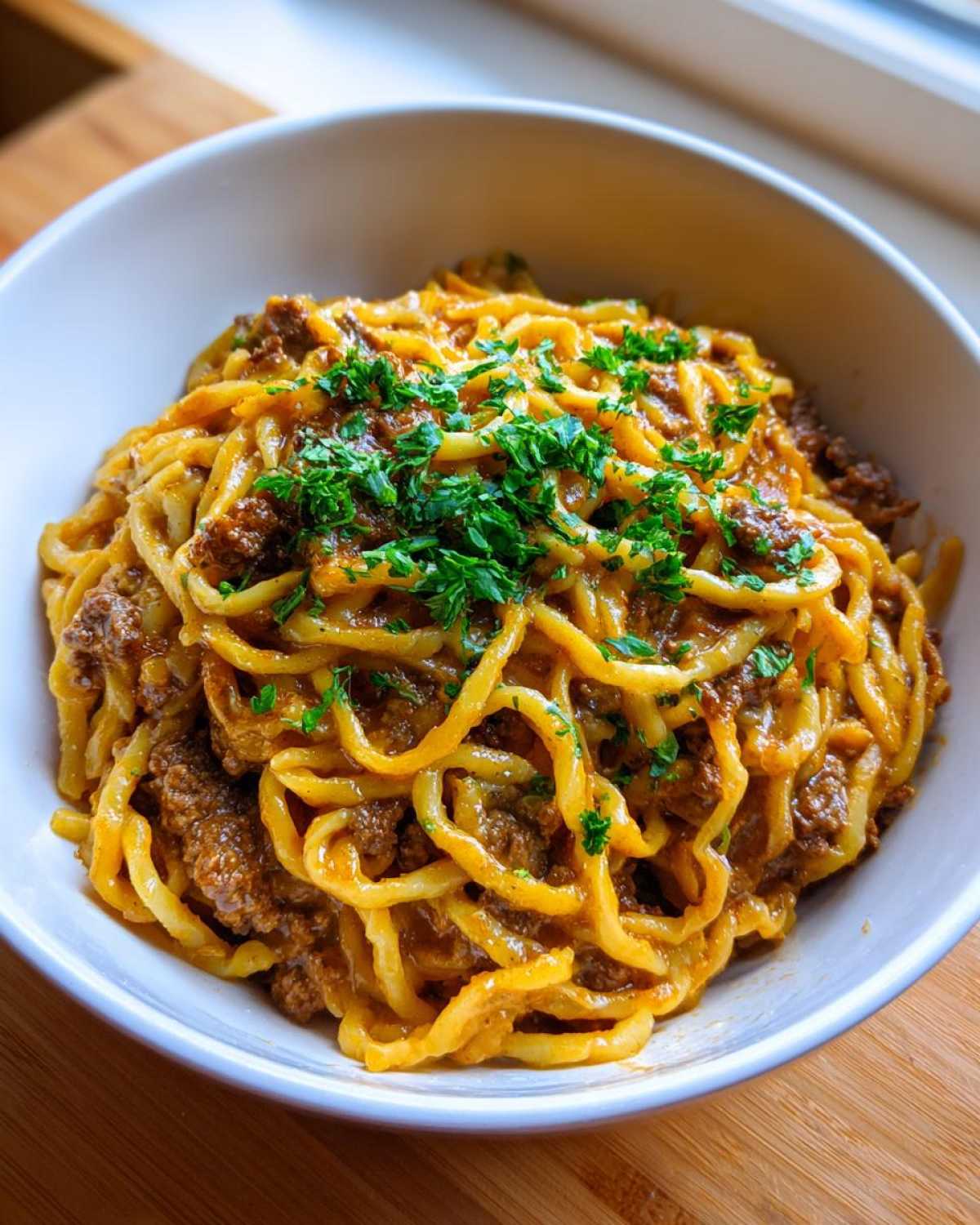 A close-up of a white bowl filled with One-Pot Creamy Garlic Butter Beef and Noodles, topped with fresh parsley.