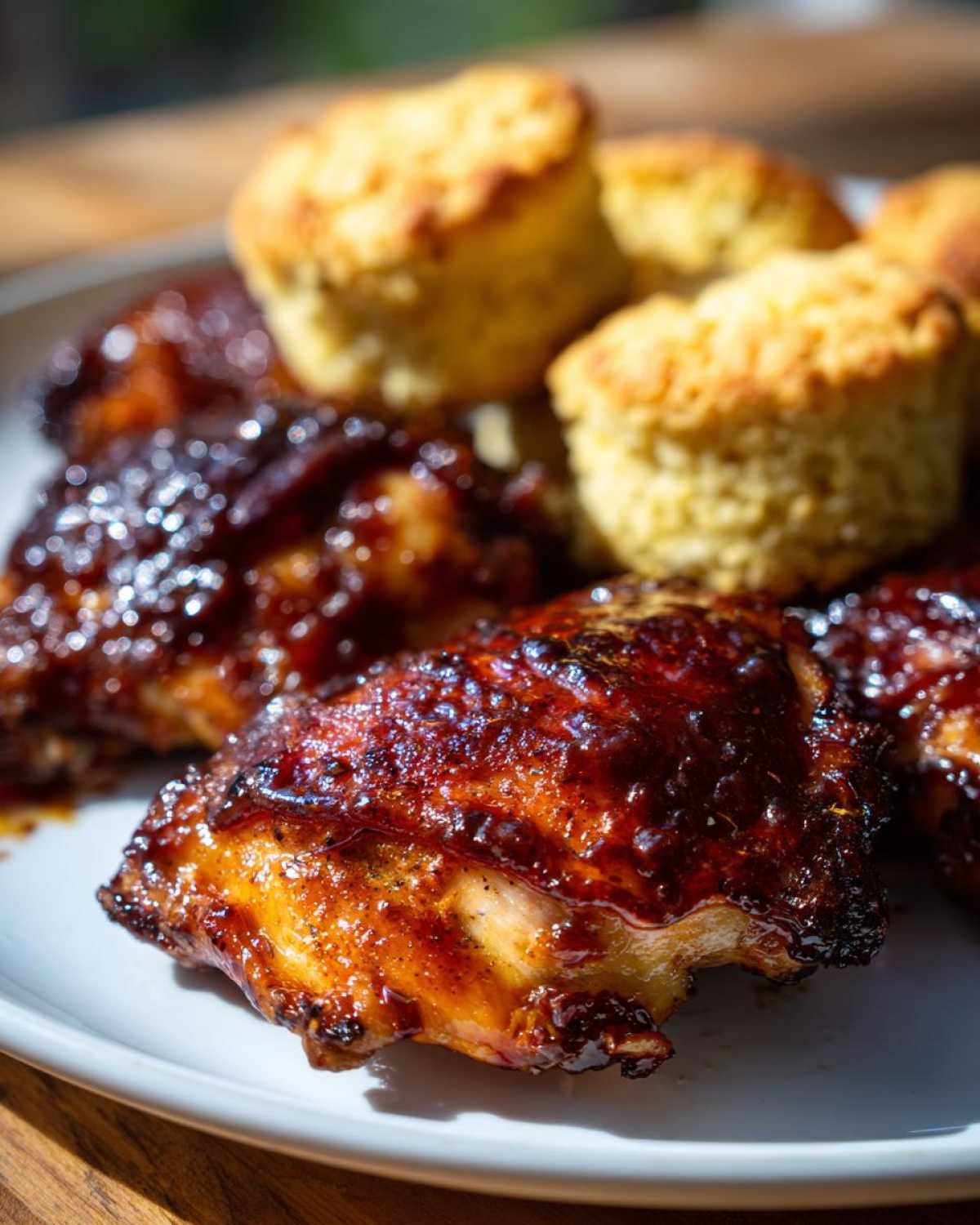 Close-up of glossy, glazed Sheet Pan BBQ Chicken Thighs served alongside golden cornbread biscuits.