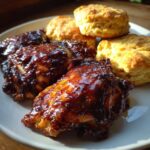 Close-up of sticky, glazed Sheet Pan BBQ Chicken Thighs served alongside golden Cornbread Biscuits on a white plate.