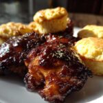 Glazed Sheet Pan BBQ Chicken Thighs served alongside golden Cornbread Biscuits on a white plate.