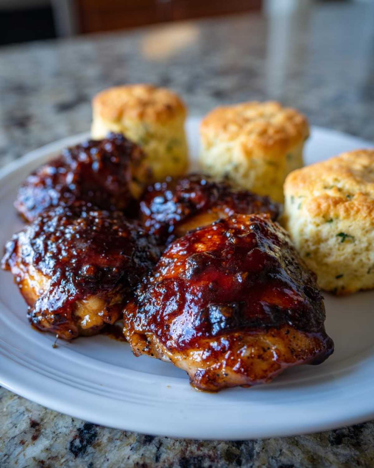 Four pieces of glazed Sheet Pan BBQ Chicken Thighs served with three golden Cornbread Biscuits on a white plate.