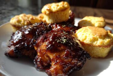 Glazed Sheet Pan BBQ Chicken Thighs served alongside golden Cornbread Biscuits on a white plate.