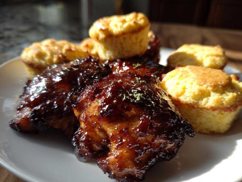 Glazed Sheet Pan BBQ Chicken Thighs served alongside golden Cornbread Biscuits on a white plate.