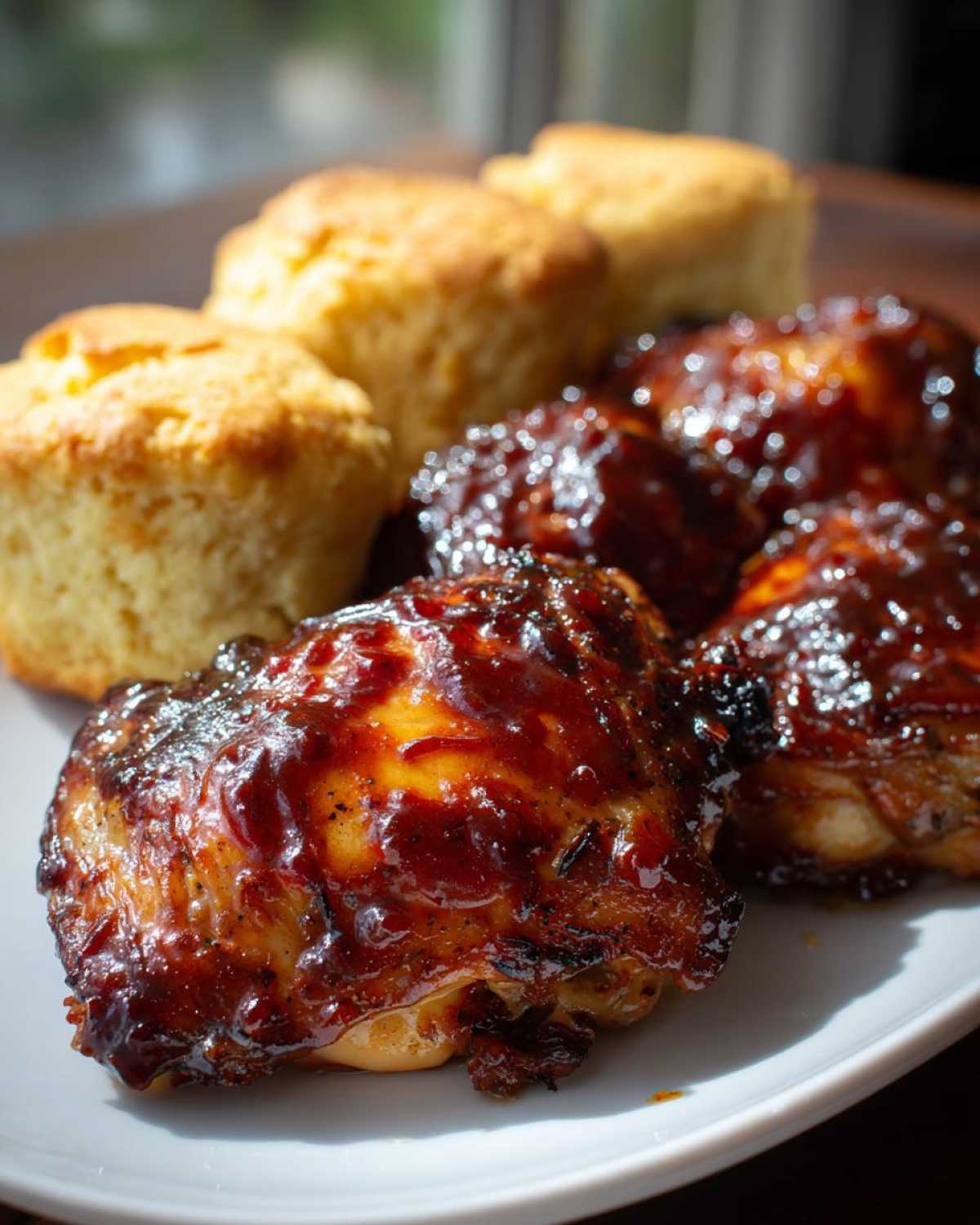Close-up of glazed Sheet Pan BBQ Chicken Thighs served next to golden cornbread biscuits on a white plate.