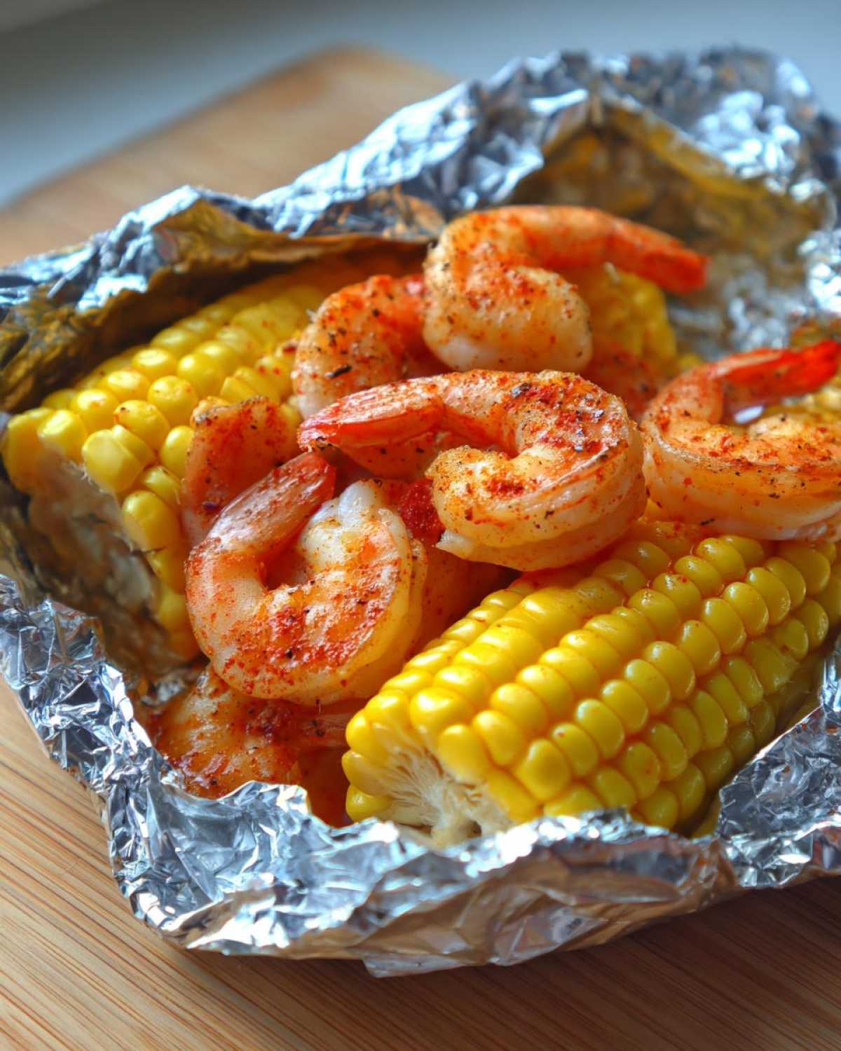 Close-up of cooked shrimp seasoned with Cajun spices resting on bright yellow corn on the cob inside a foil packet.