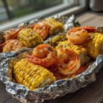 Close-up of seasoned shrimp and corn on the cob cooked in Sheet Pan Cajun Shrimp and Corn Foil Packets.
