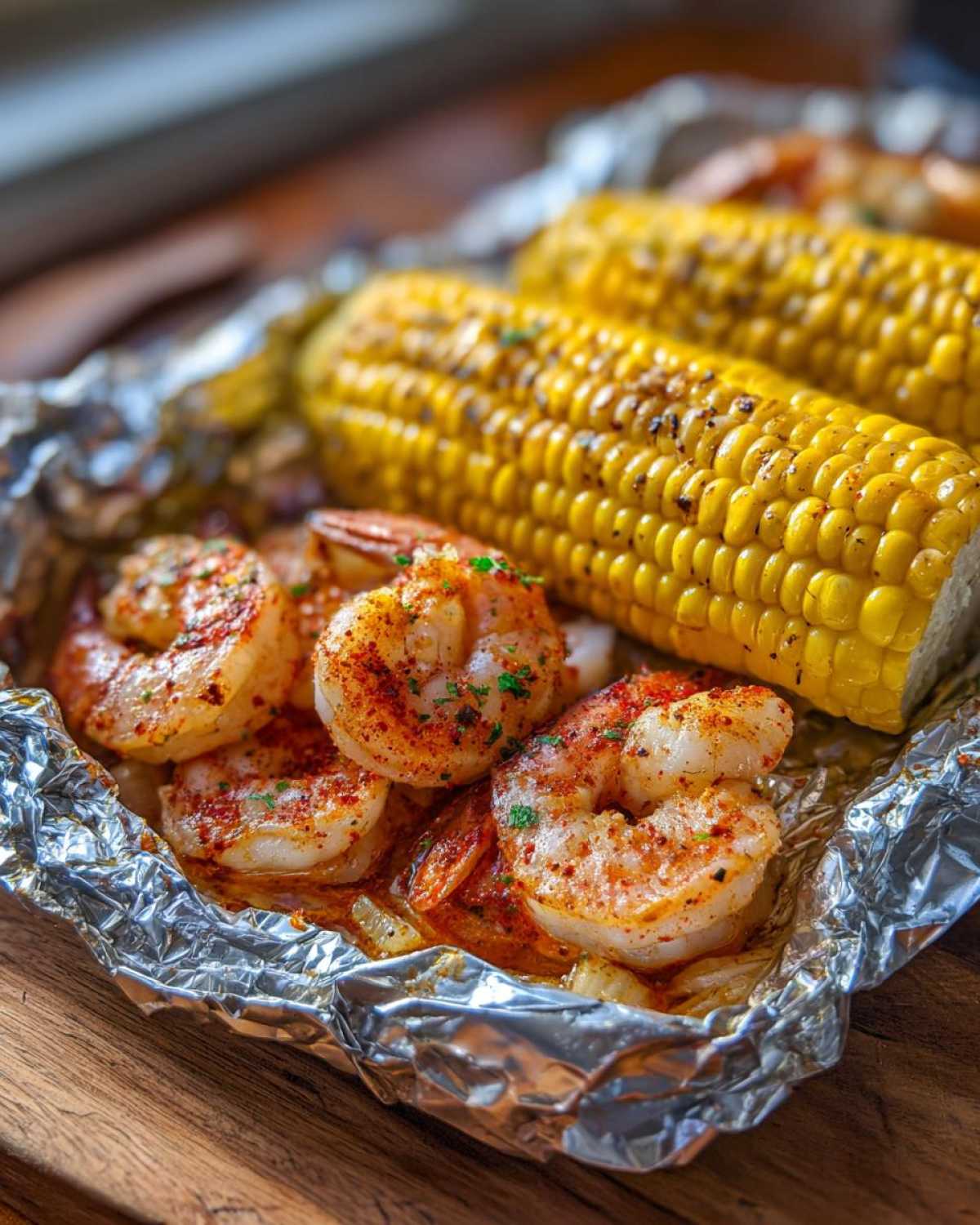Close-up of cooked shrimp seasoned with Cajun spices and two ears of corn in a foil packet.