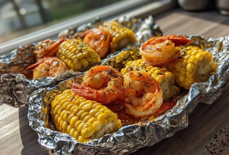 Close-up of seasoned shrimp and corn on the cob cooked in Sheet Pan Cajun Shrimp and Corn Foil Packets.