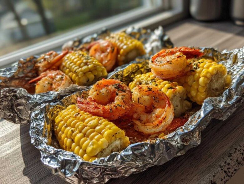 Close-up of seasoned shrimp and corn on the cob cooked in Sheet Pan Cajun Shrimp and Corn Foil Packets.