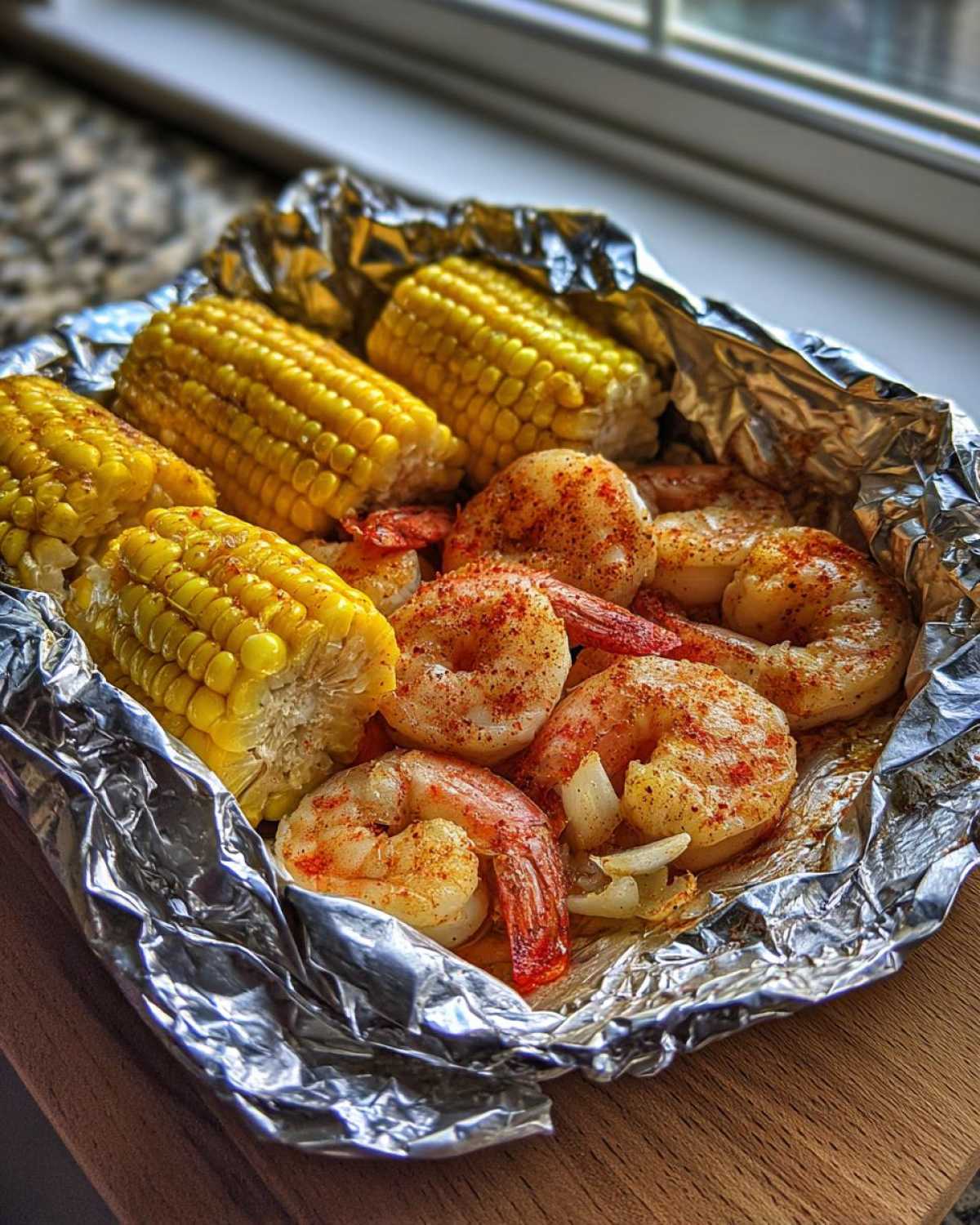 Cooked shrimp and corn on the cob segments seasoned with Cajun spices inside a foil packet.
