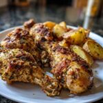 Close-up of crispy Sheet Pan Garlic Parmesan Chicken Drumsticks with roasted potato wedges on a white plate.