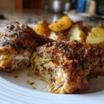 Close-up of sliced Sheet Pan Garlic Parmesan Chicken Drumsticks with roasted potatoes on a white plate.