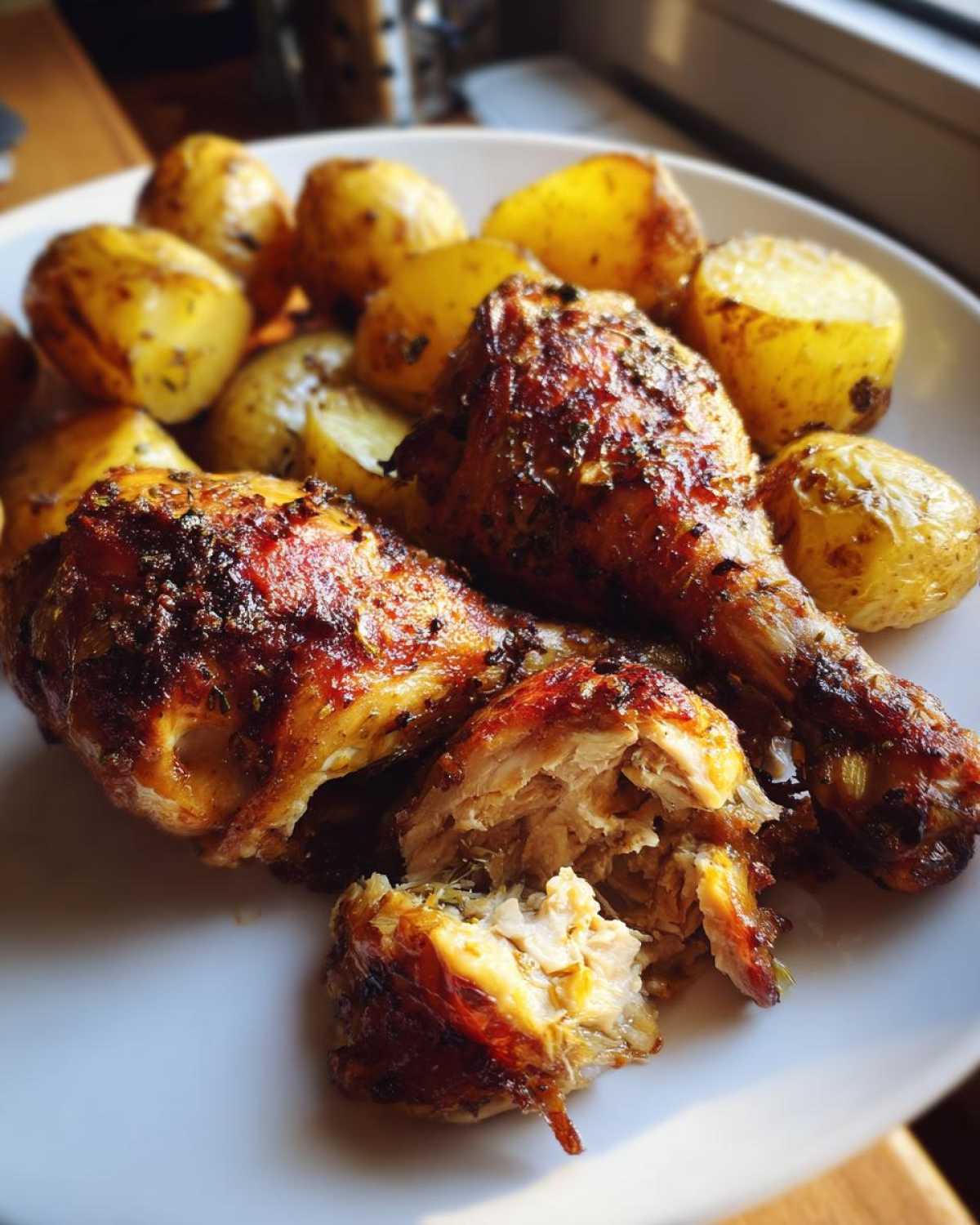 Close-up of juicy Sheet Pan Garlic Parmesan Chicken Drumsticks with roasted potatoes on a white plate.
