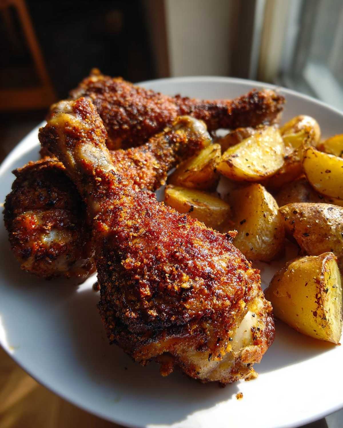 Close-up of crispy Sheet Pan Garlic Parmesan Chicken Drumsticks served with roasted potato wedges on a white plate.